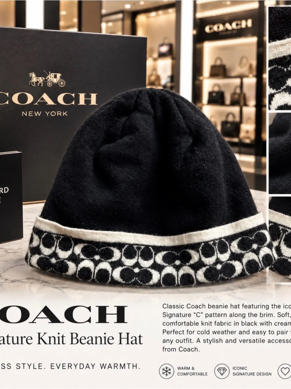 Woman Coach Black & Cream Signature C Knit Beanie